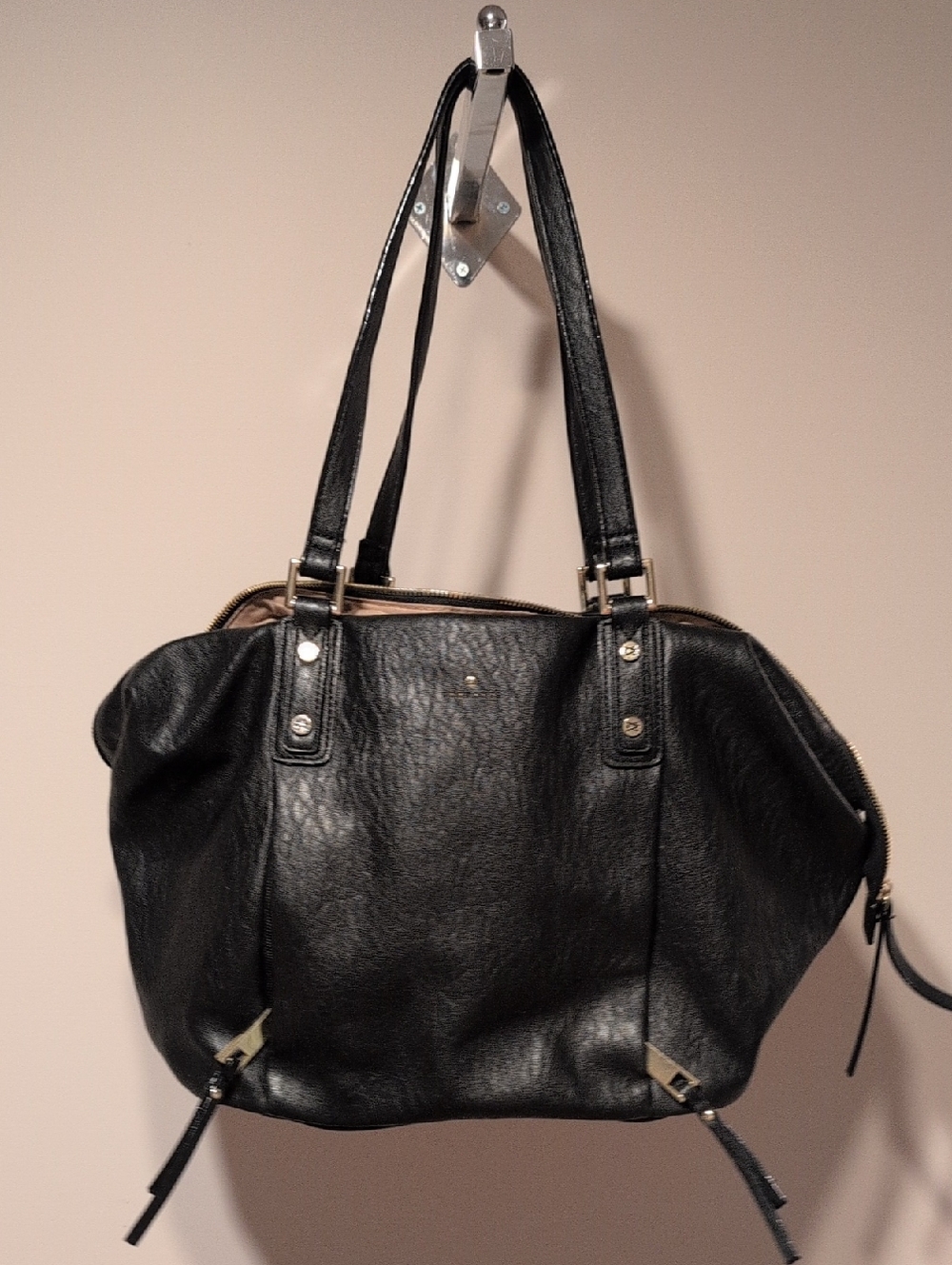 Black Leather-Look Shoulder Bag with Double Straps